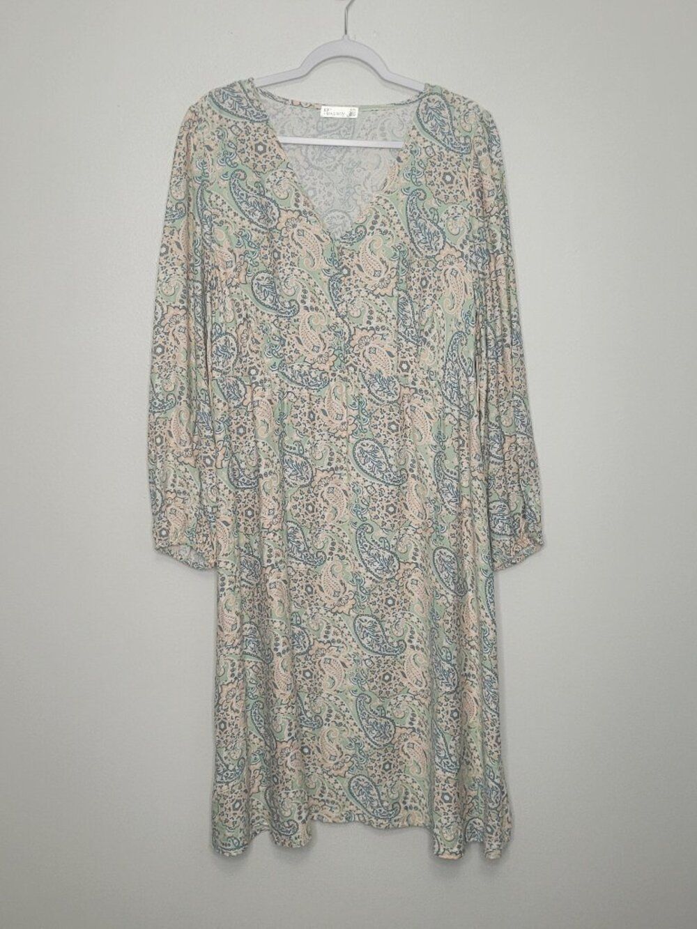 89th and Madison pastel green blue paisley print midi brunch cottage dress xl
